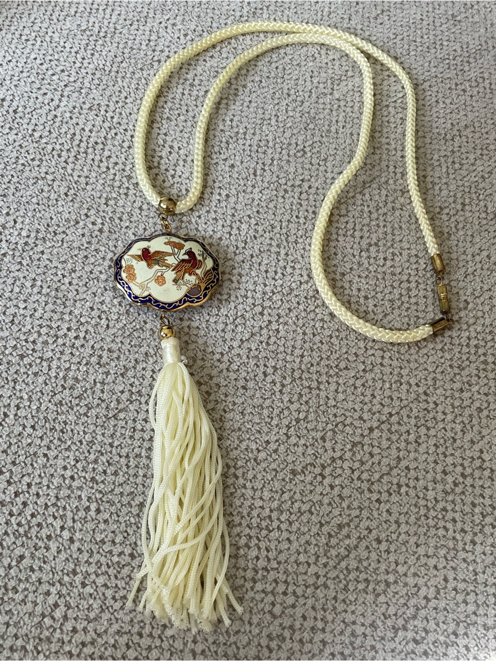 New multi color Cloisonné Cream Tassel Pendant Cord Necklace with barrel clasp